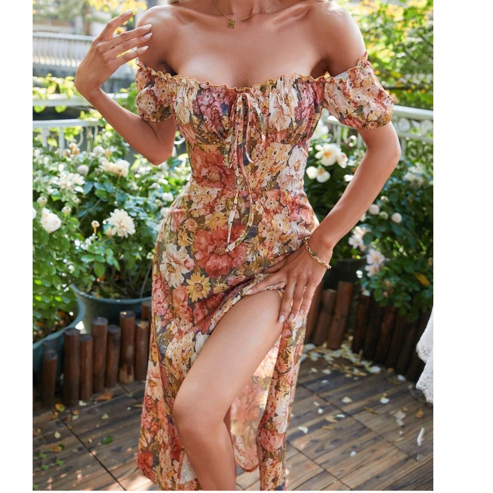 Boho Floral Print Off Shoulder Puff Sleeve Dress - Picture 1 of 9